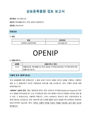상표 등록가능성 검토 보고서 첫 페이지